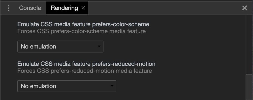 The Rendering panel in Chrome DevTools, with a dropdown to emulate the prefers-color-scheme media feature